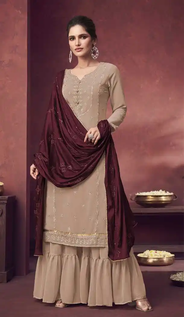 Brown Color Fox Georgette Embroidery Party Wear Sharara Suit -3071144321