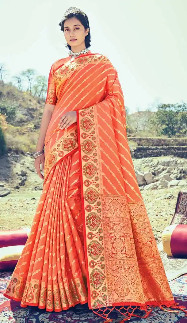 Captivating Orange Color Banarasi Silk Traditional Party Wear Saree Blouse -3090144432