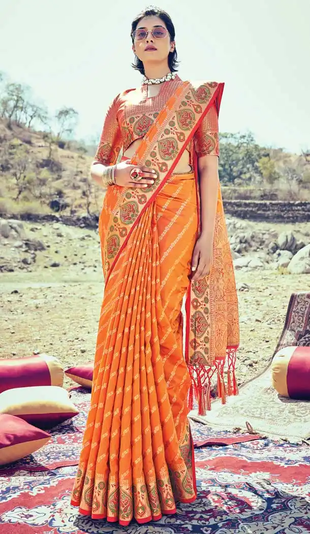 Glamorous Orange Color Banarasi Silk Traditional Party Wear Saree Blouse -3090144434