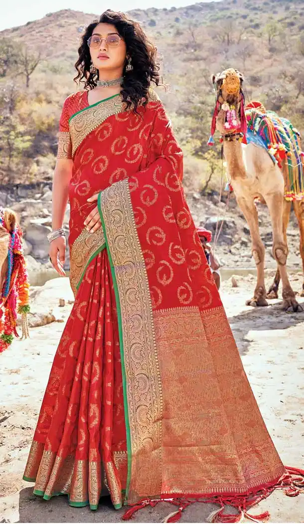 Exquisite Red Color Banarasi Silk Party Wear Traditional Women Saree Blouse -3091144439