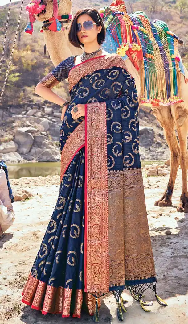 Navy Blue Color Banarasi Silk Party Wear Traditional Women Saree Blouse -3091144441