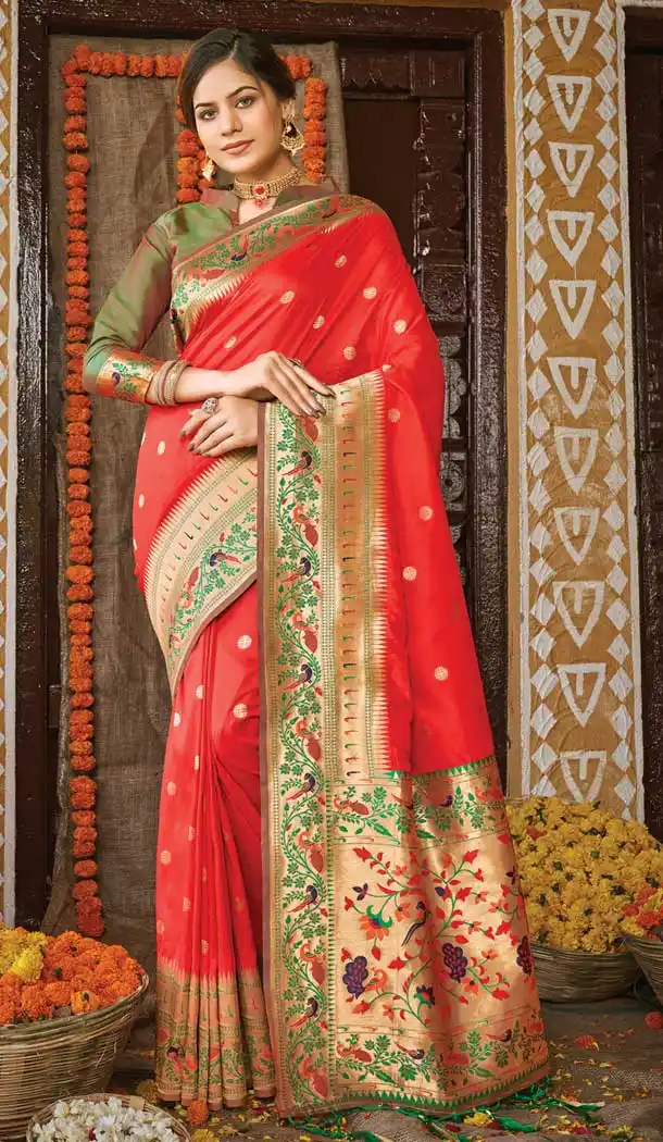 Red Color Paithani Silk Designer Party Wear Women Saree Blouse -3094144455