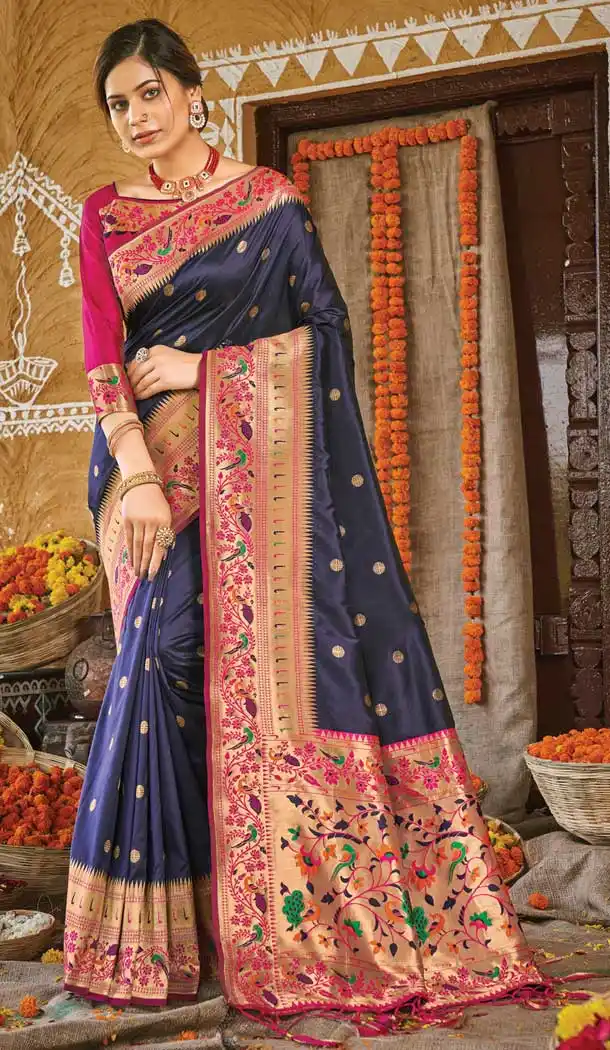 Navy Blue Color Paithani Silk Designer Party Wear Women Saree Blouse -3094144456