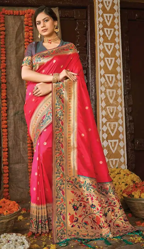 Gajar Pink Color Paithani Silk Designer Party Wear Women Saree Blouse -3094144457