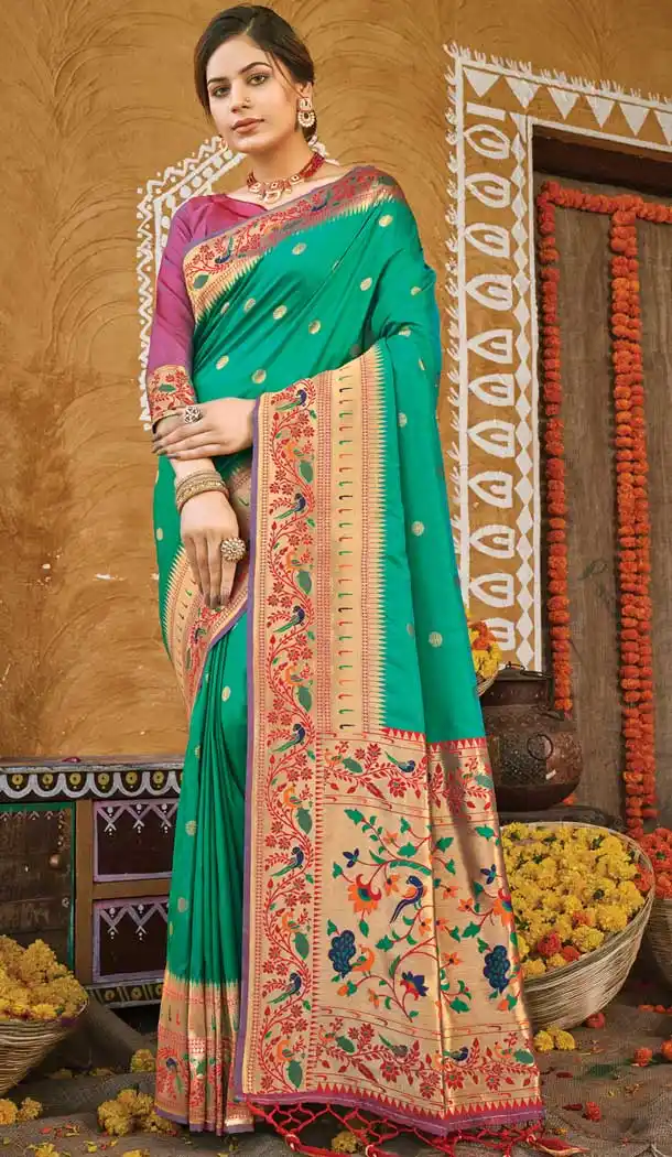 Teal Green Color Paithani Silk Designer Party Wear Women Saree Blouse -3094144460