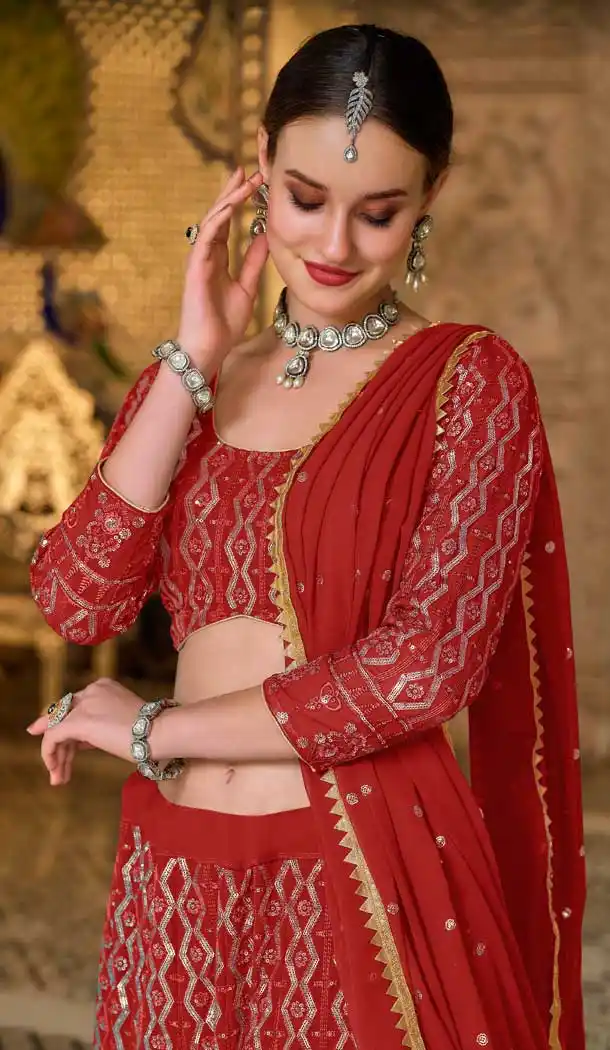 Red Color Pure Georgette Designer Party Wear Plus Size Lehenga Choli -3101144506
