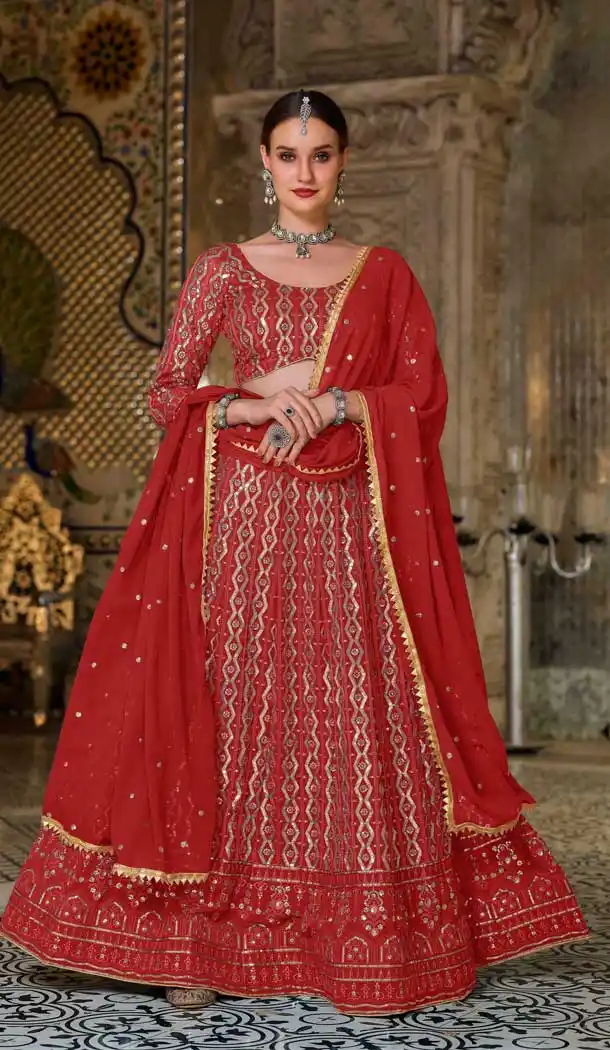 Red Color Pure Georgette Designer Party Wear Plus Size Lehenga Choli -3101144506