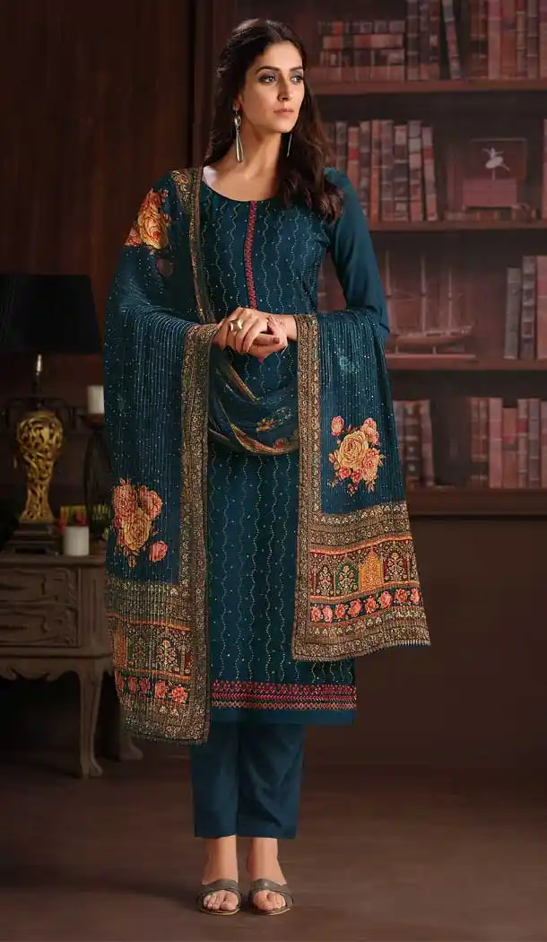 Teal Blue Color Chinnon Embroidery Party Wear Salwar Kameez -3124144652