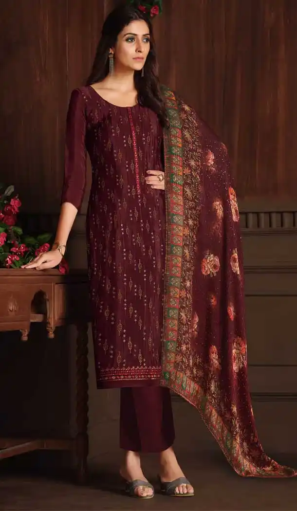 Maroon Color Chinnon Embroidery Party Wear Salwar Kameez -3124144653