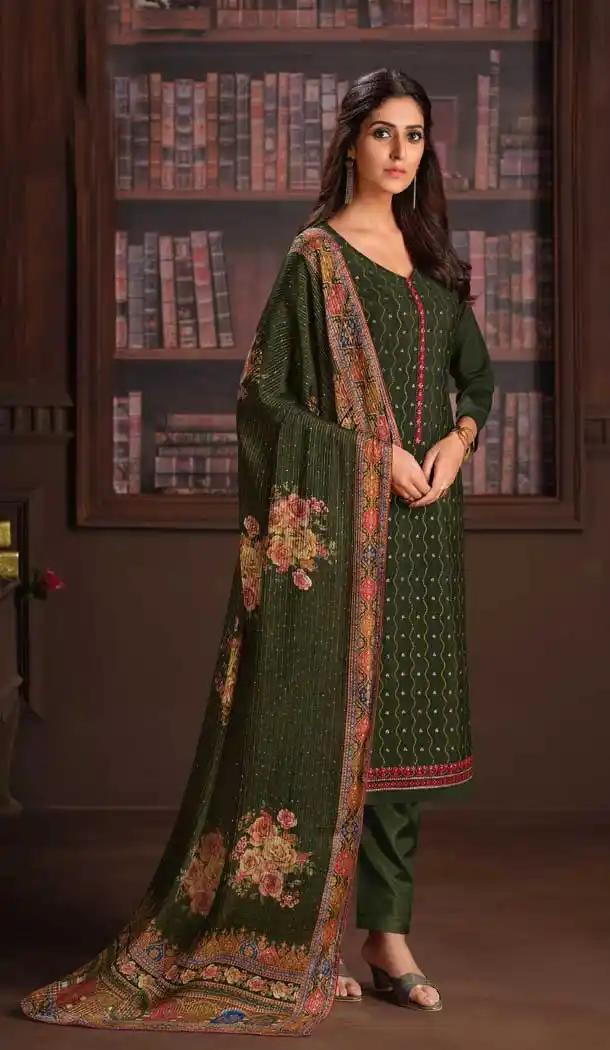 Olive Green Color Chinnon Embroidery Party Wear Salwar Kameez -3124144655