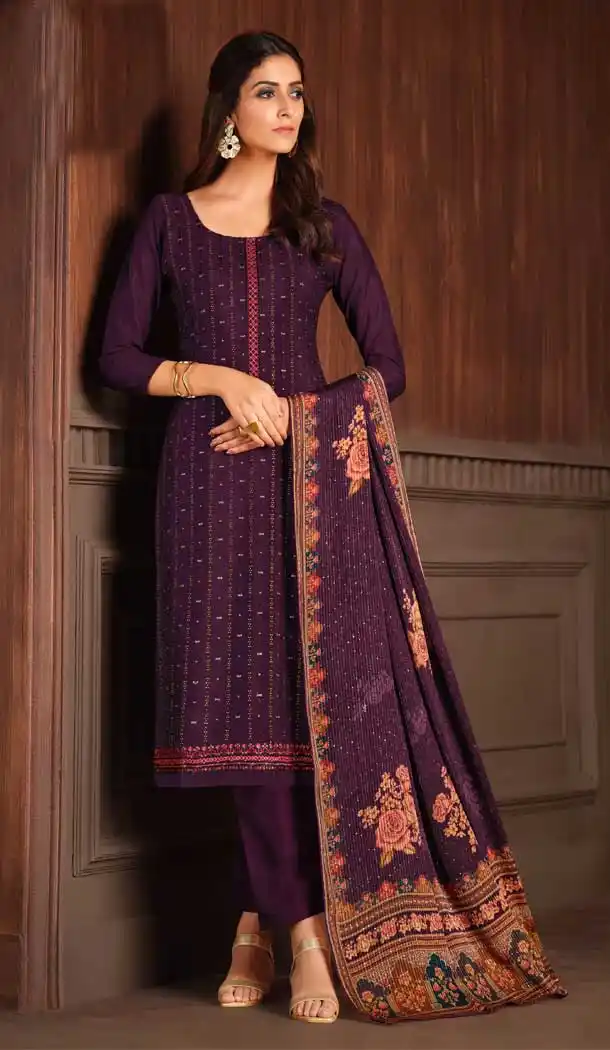 Purple Color Chinnon Embroidery Party Wear Salwar Kameez -3124144656
