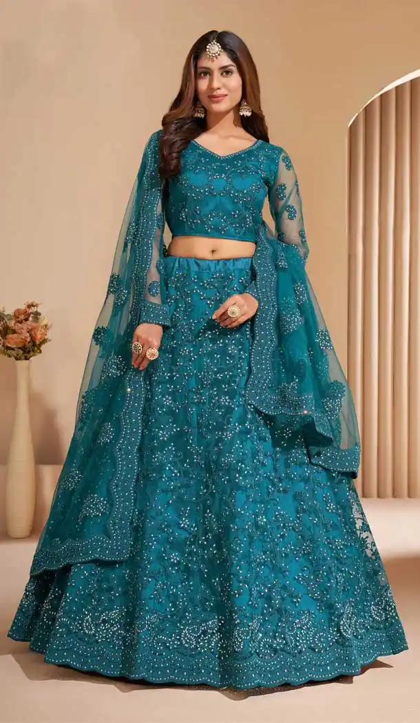 Teal Blue Color Net Designer Wedding Sangeet Wear Lehenga Choli -3125144658