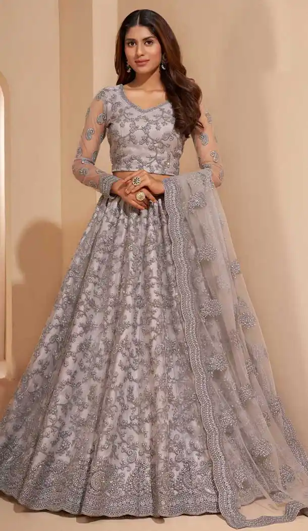 Tantalizing Gray Color Net Designer Wedding Sangeet Wear Lehenga Choli -3125144659