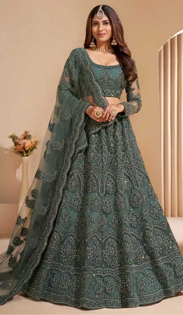 Vivacious Dark Green Color Net Designer Wedding Sangeet Wear Lehenga Choli -3125144660
