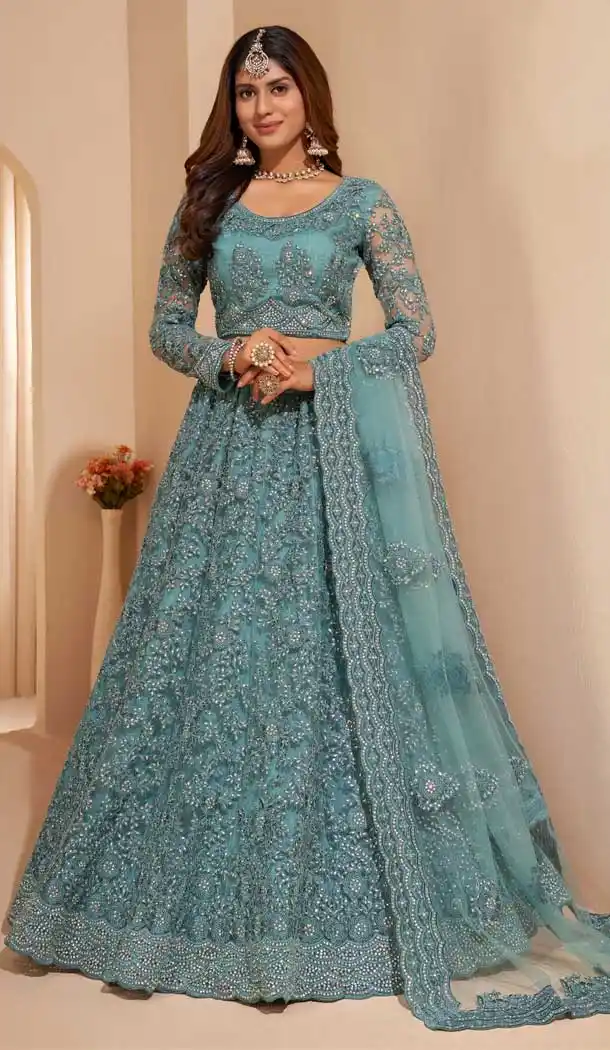 Fascinating Sky Blue Color Net Designer Wedding Sangeet Wear Lehenga Choli -3125144662