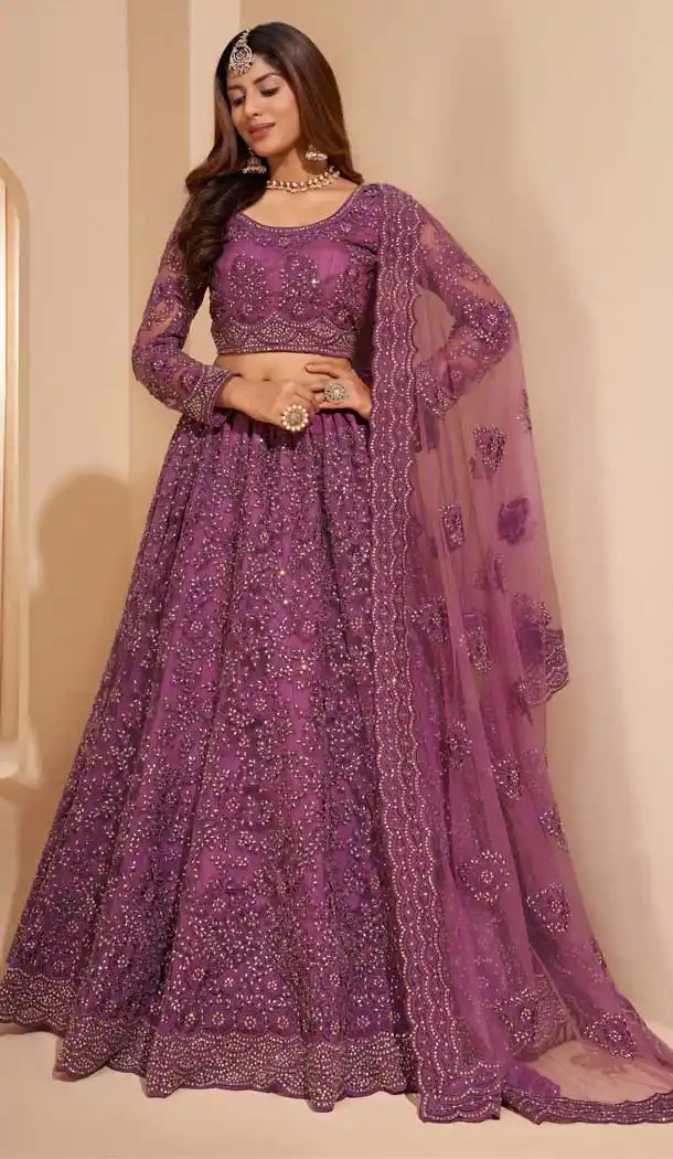 Magnificient Purple Color Net Designer Wedding Sangeet Wear Lehenga Choli -3125144663