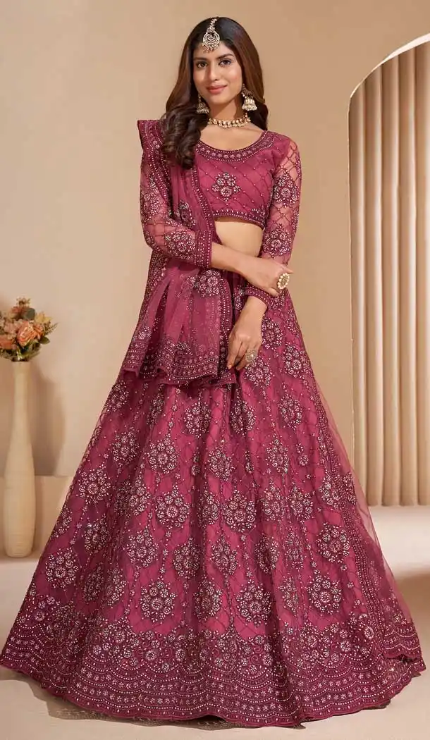 Wine Color Net Designer Wedding Sangeet Wear Lehenga Choli -3125144664