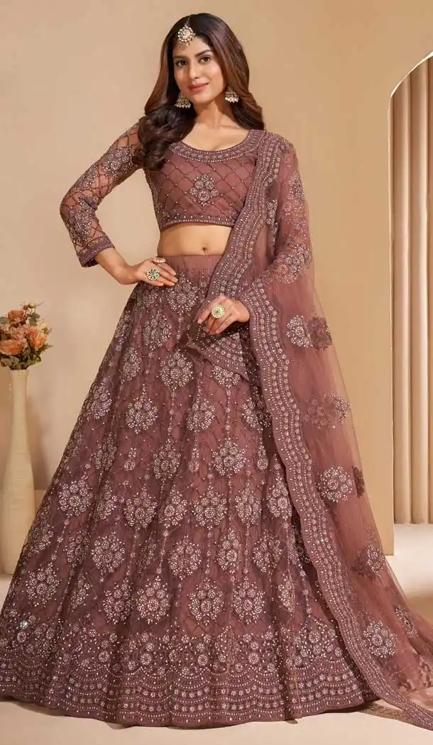 Sparkling Rust Color Net Designer Wedding Sangeet Wear Lehenga Choli -3125144665