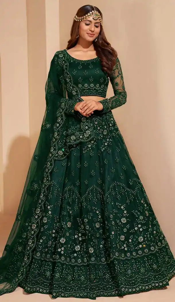 Attractive Green Color Net Designer Wedding Sangeet Wear Lehenga Choli -3125144666