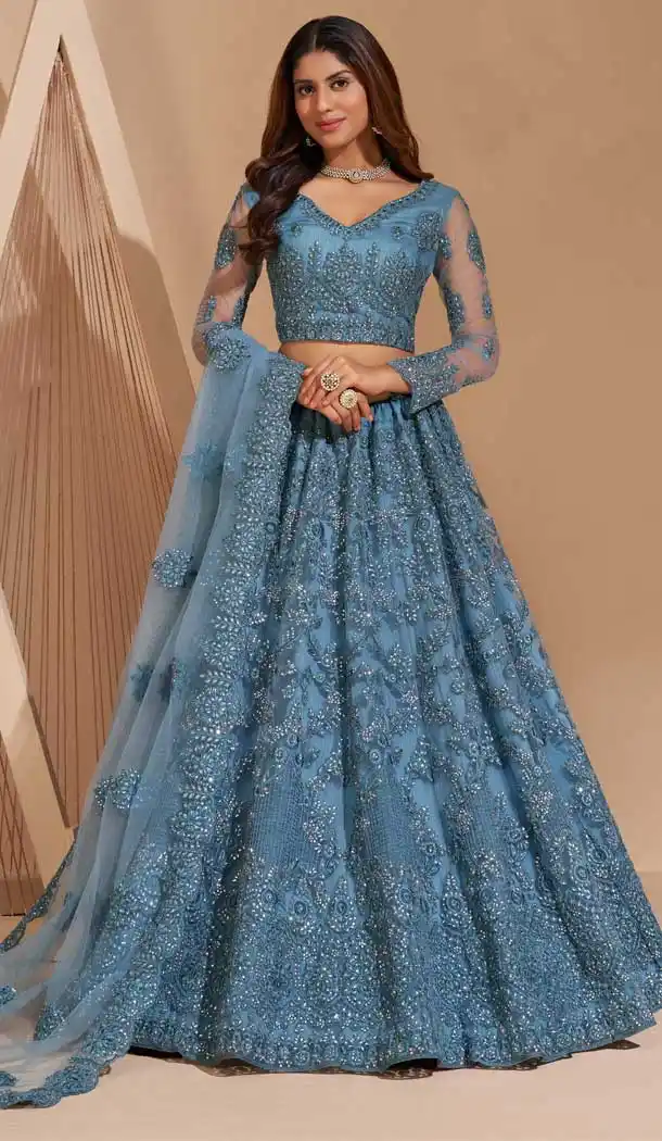 Chic Sky Blue Color Net Designer Wedding Sangeet Wear Lehenga Choli -3125144670