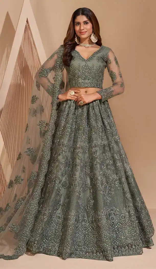 Hunter Green Color Net Designer Wedding Sangeet Wear Lehenga Choli -3125144671