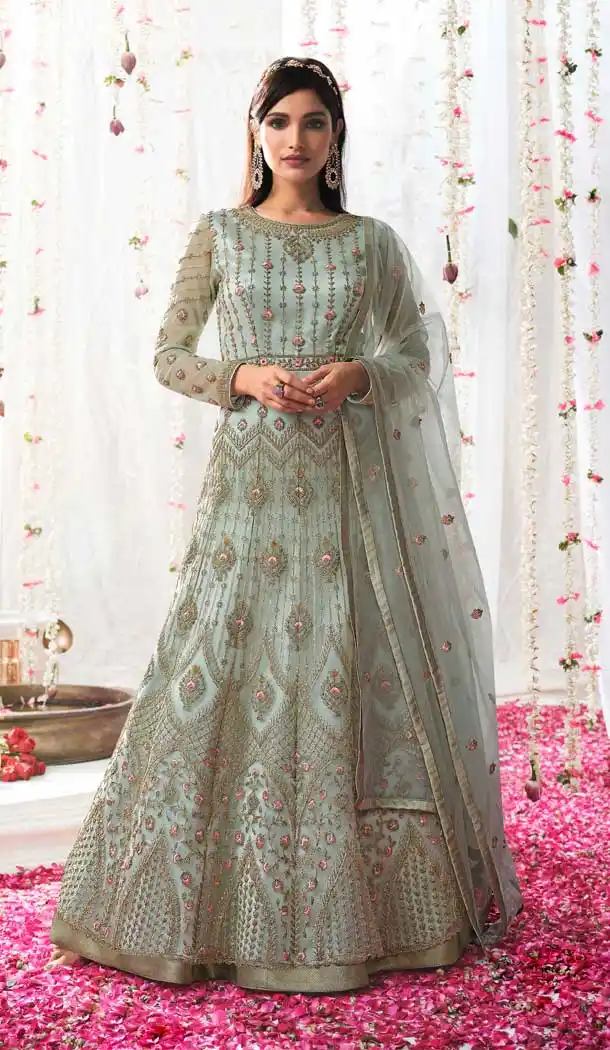 Sky Blue Color Butterfly Net Designer Wedding Wear Anarkali Salwar Suit -3122144643