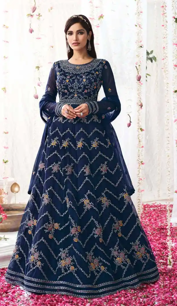 Navy Blue Color Butterfly Net Designer Wedding Wear Anarkali Salwar Suit -3122144644