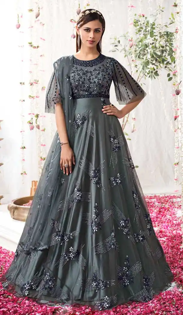 Grey Color Butterfly Net Designer Wedding Wear Anarkali Salwar Suit -3122144646