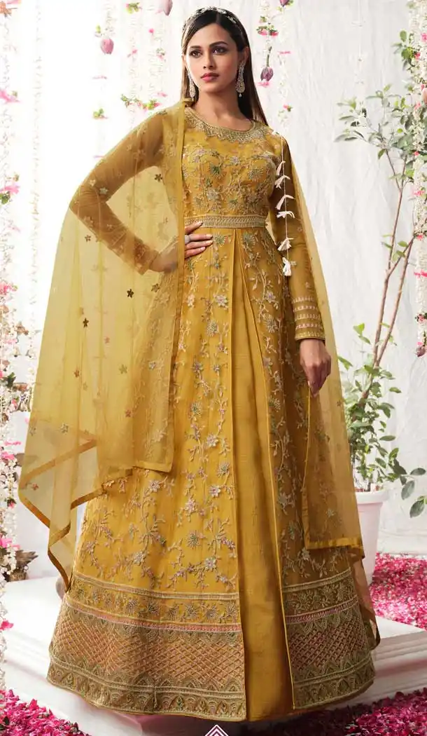 Yellow Color Butterfly Net Designer Wedding Wear Anarkali Salwar Suit -3122144647