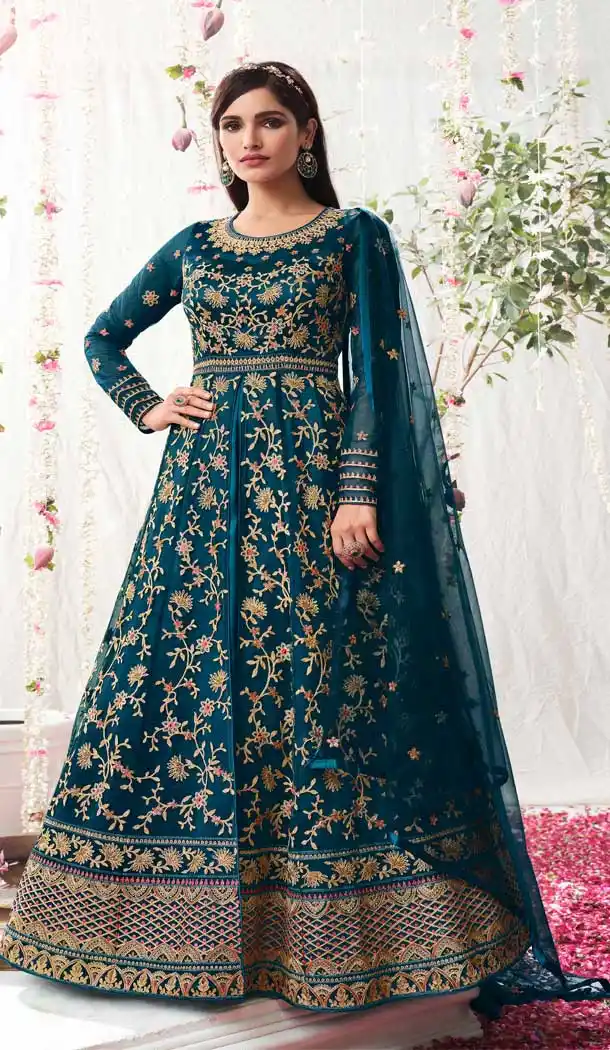 Teal Blue Color Butterfly Net Designer Wedding Wear Anarkali Salwar Suit -3122144649