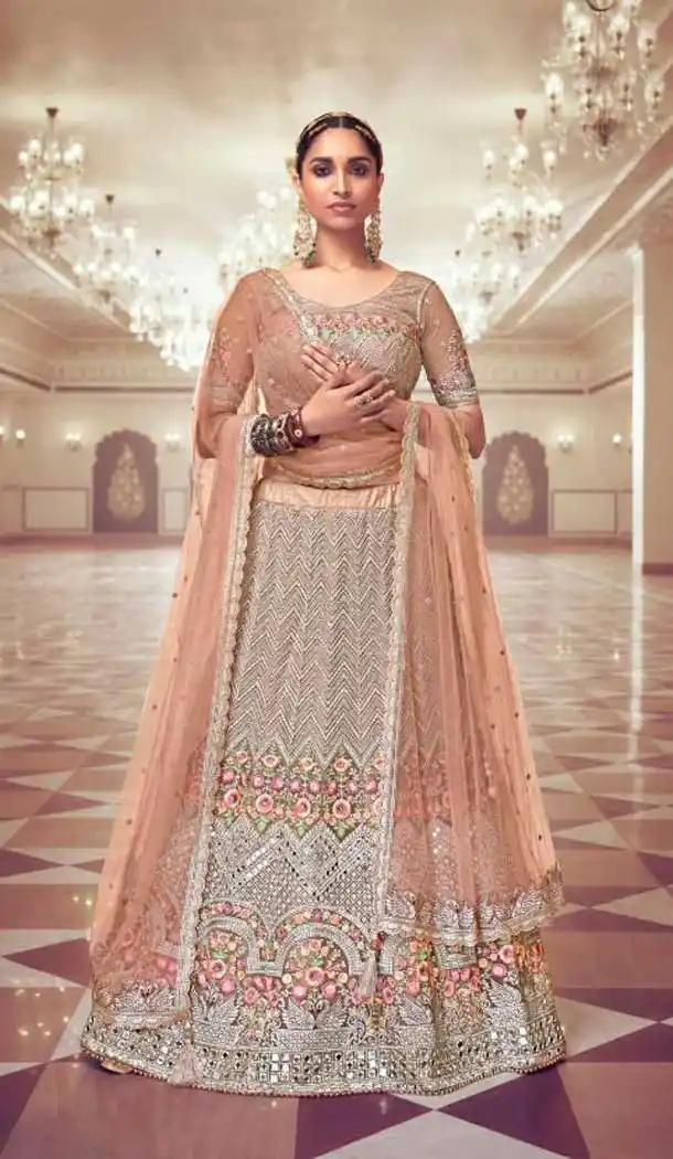 Beige Color Net Designer Wedding Wear Bridal Women Plus Size Lehenga Choli -3138144739
