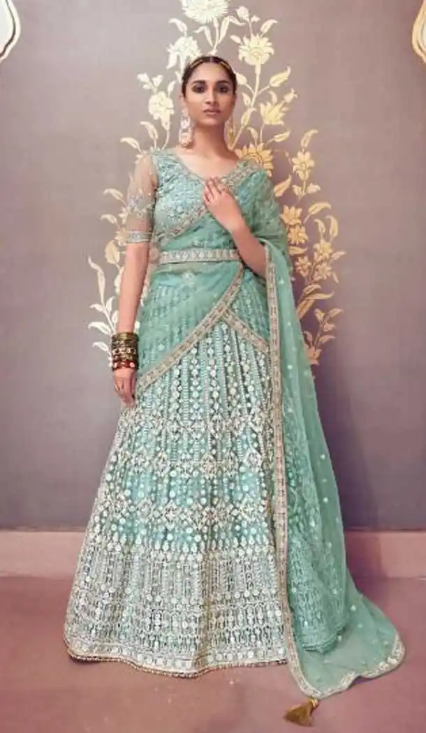 Sky Blue Color Net Designer Wedding Wear Bridal Women Plus Size Lehenga Choli -3138144740
