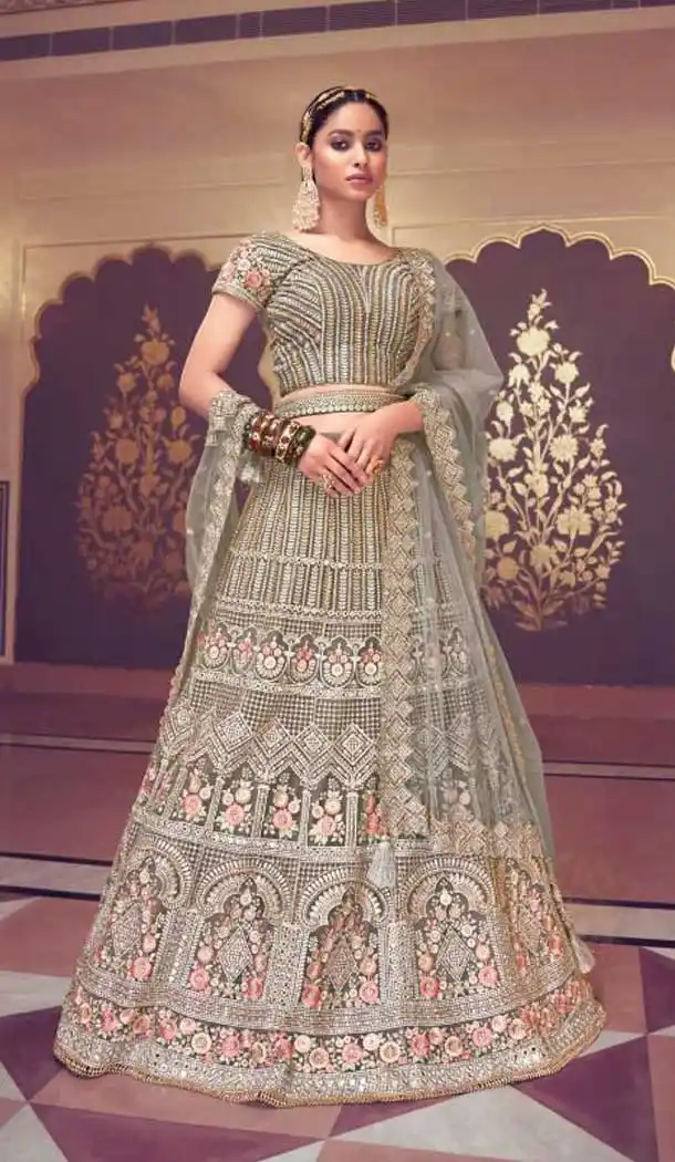 Grey Color Net Designer Wedding Wear Bridal Women Plus Size Lehenga Choli -3138144741