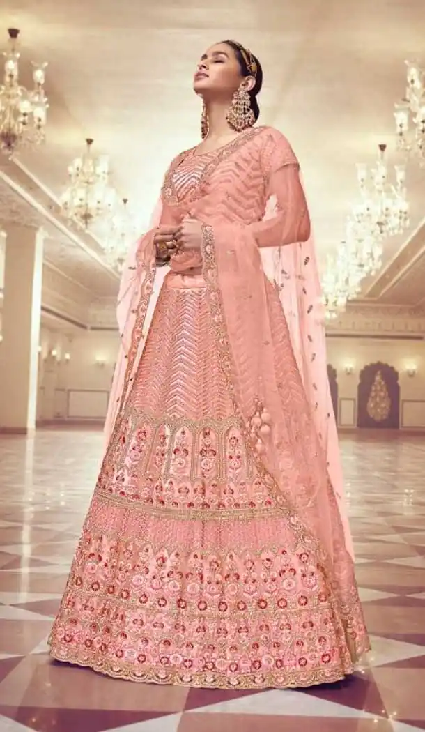 Peach Color Net Designer Wedding Wear Bridal Plus Size Lehenga Choli -3138144746