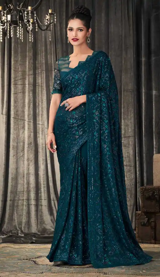 Teal Blue Color Georgette Designer Party Wear Fancy Saree Blouse - 3107144543