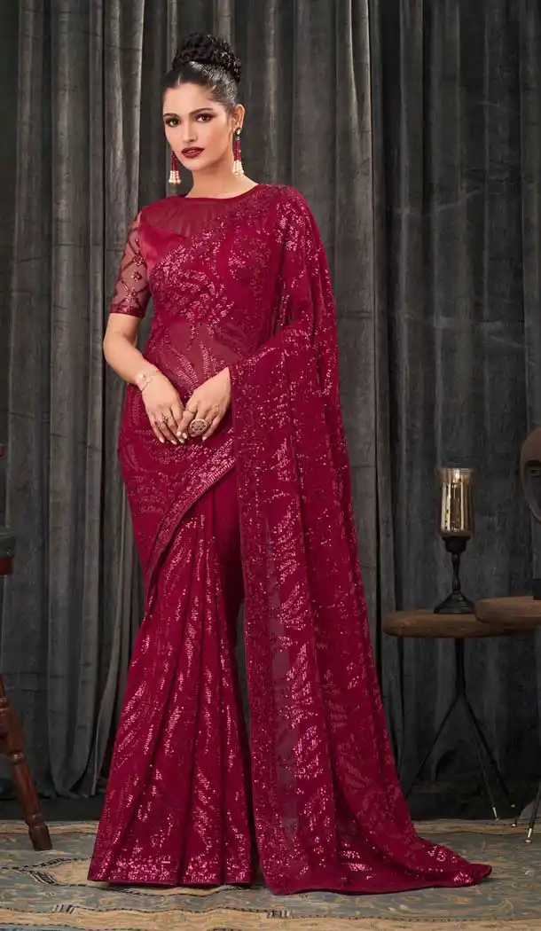 Mulberry Color Georgette Designer Party Wear Fancy Saree Blouse - 3107144544