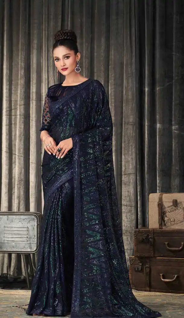 Dark Blue Color Georgette Designer Party Wear Fancy Saree Blouse - 3107144545