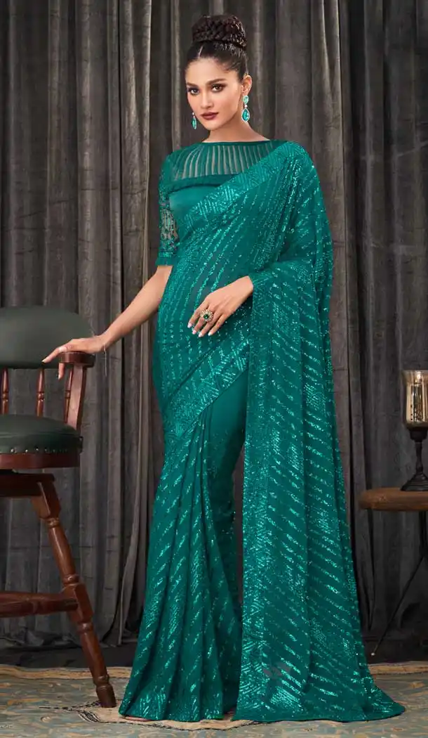 Sea Green Color Georgette Designer Party Wear Fancy Saree Blouse - 3107144548