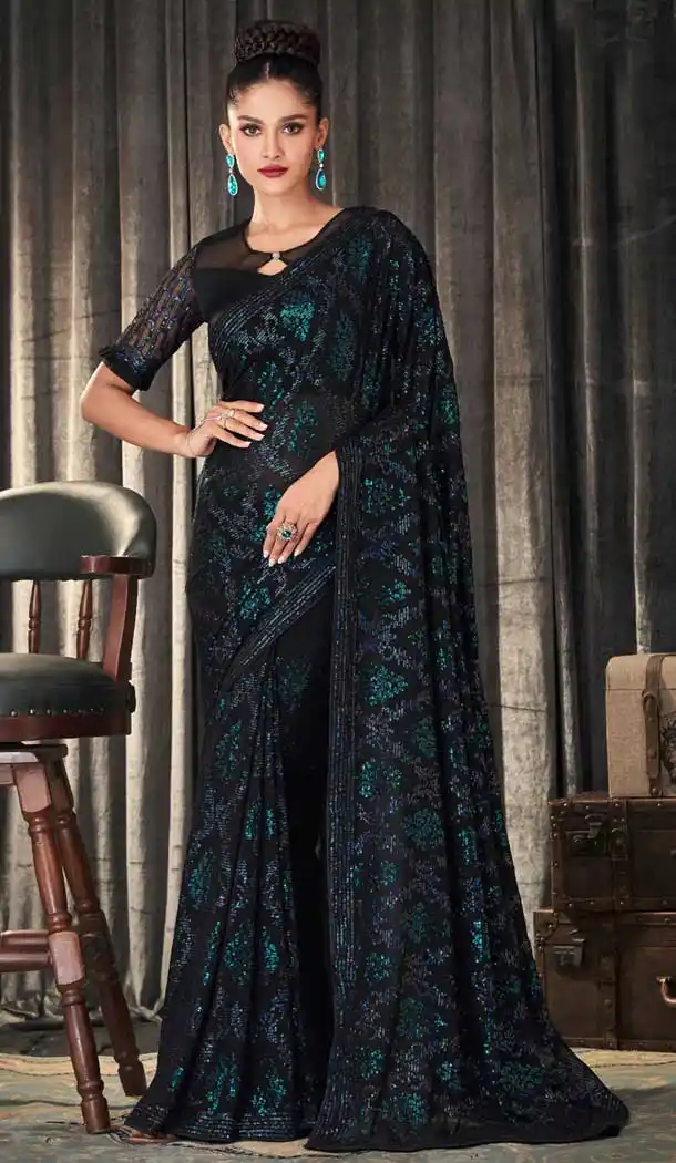 Stunning Black Color Georgette Designer Party Wear Fancy Saree Blouse - 3107144549
