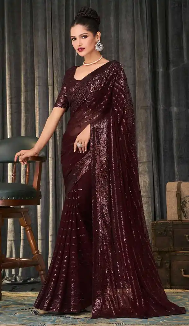 Dark Brown Color Georgette Designer Party Wear Fancy Saree Blouse - 3107144553