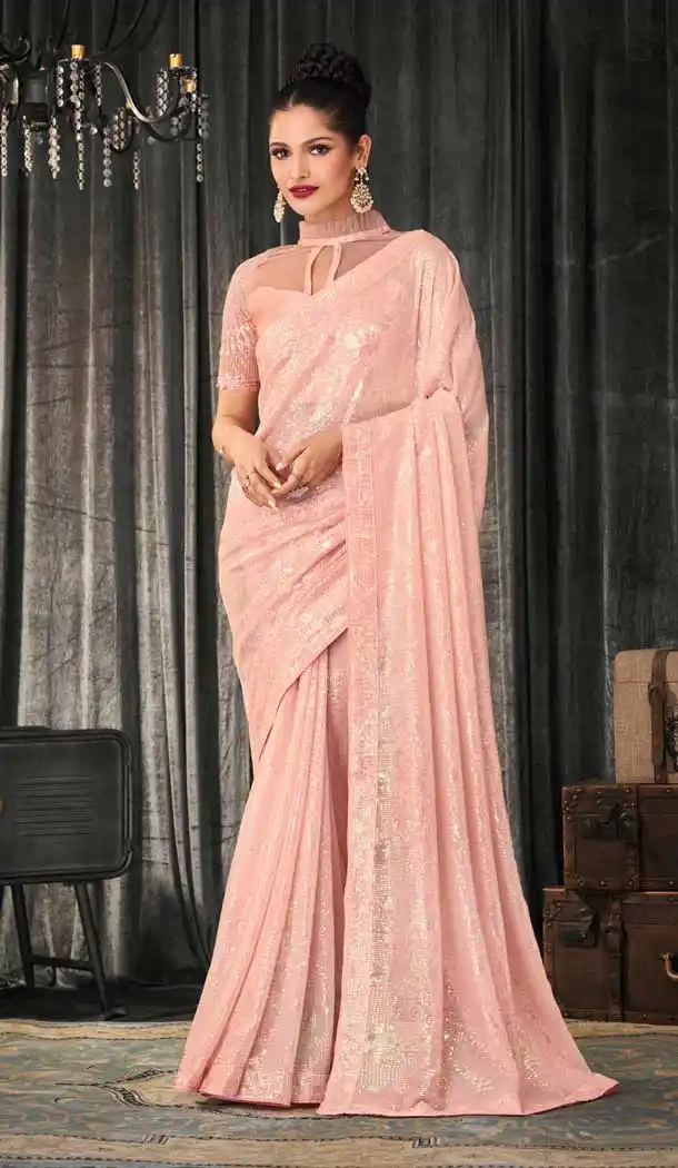 Peach Color Georgette Designer Party Wear Fancy Saree Blouse - 3107144556