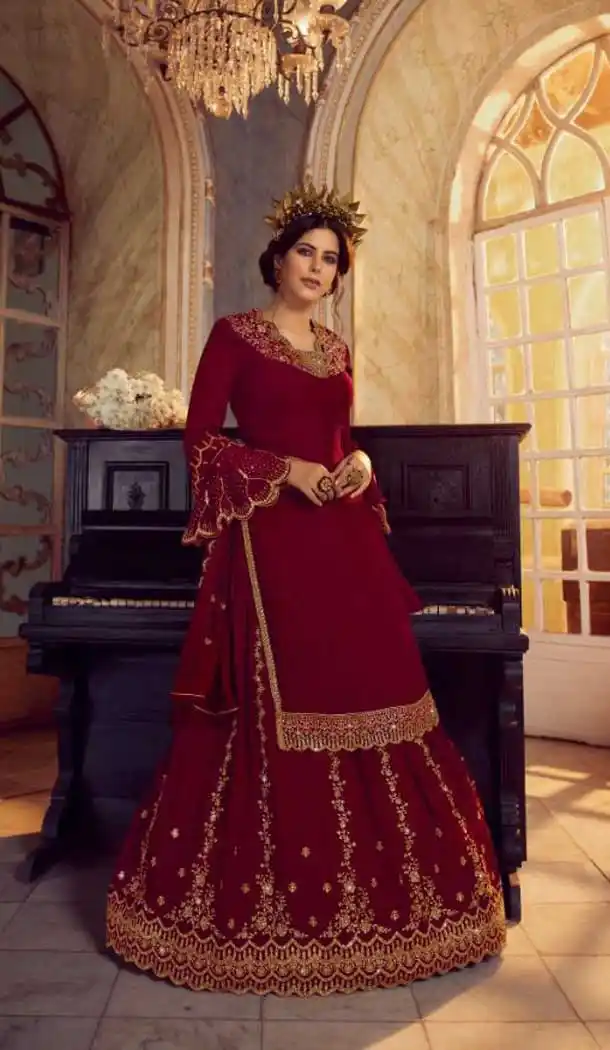 Maroon Color Georgette Designer Party Wear Lehenga Style Suit- 3109144563