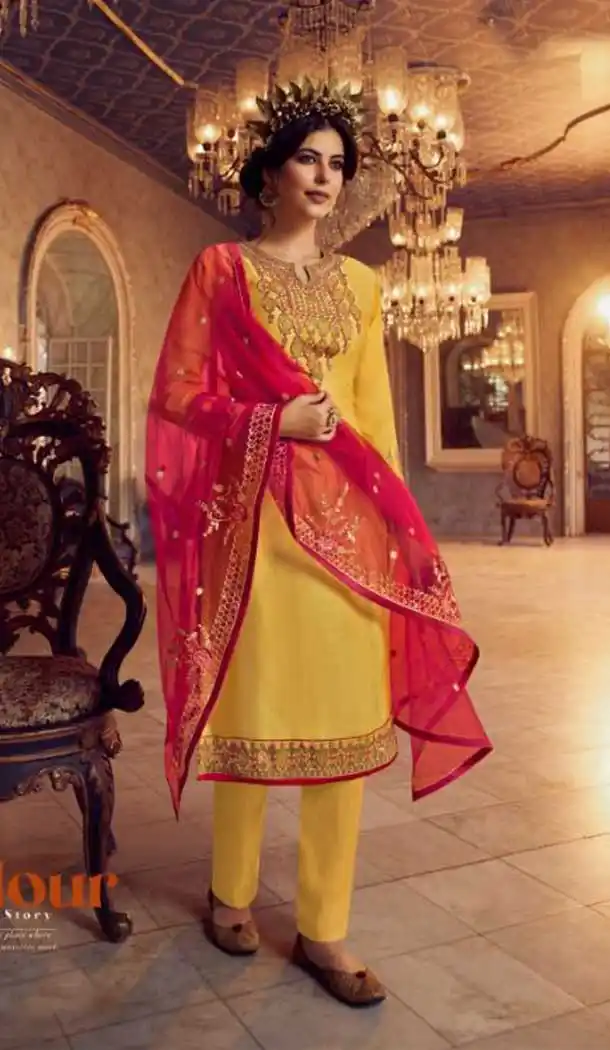 Yellow Color Georgette Designer Party Wear Lehenga Style Suit- 3109144565