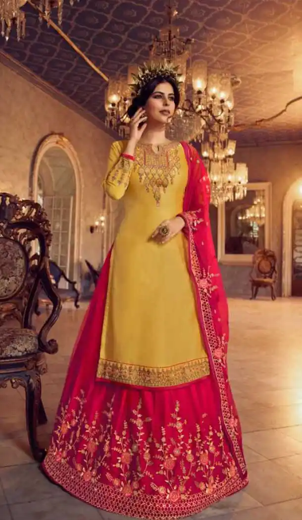 Yellow Color Georgette Designer Party Wear Lehenga Style Suit- 3109144565