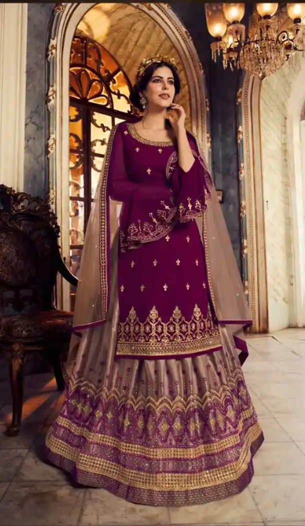 Violet Color Georgette Designer Party Wear Lehenga Style Suit- 3109144566