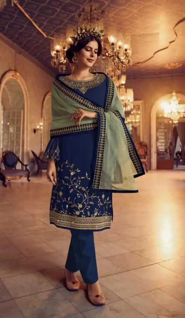 Royal Blue Color Georgette Designer Party Wear Lehenga Style Suit- 3109144567
