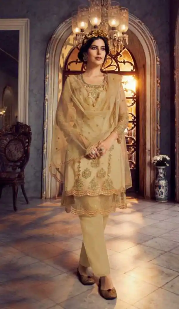 Creme Color Georgette Designer Party Wear Lehenga Style Suit- 3109144568
