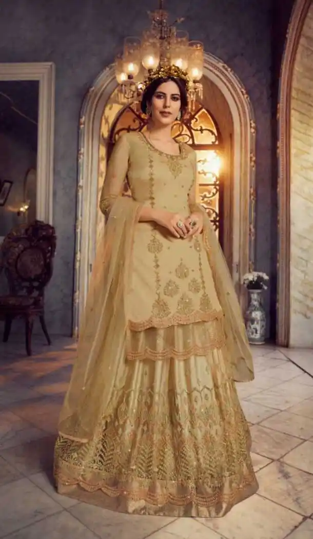 Creme Color Georgette Designer Party Wear Lehenga Style Suit- 3109144568