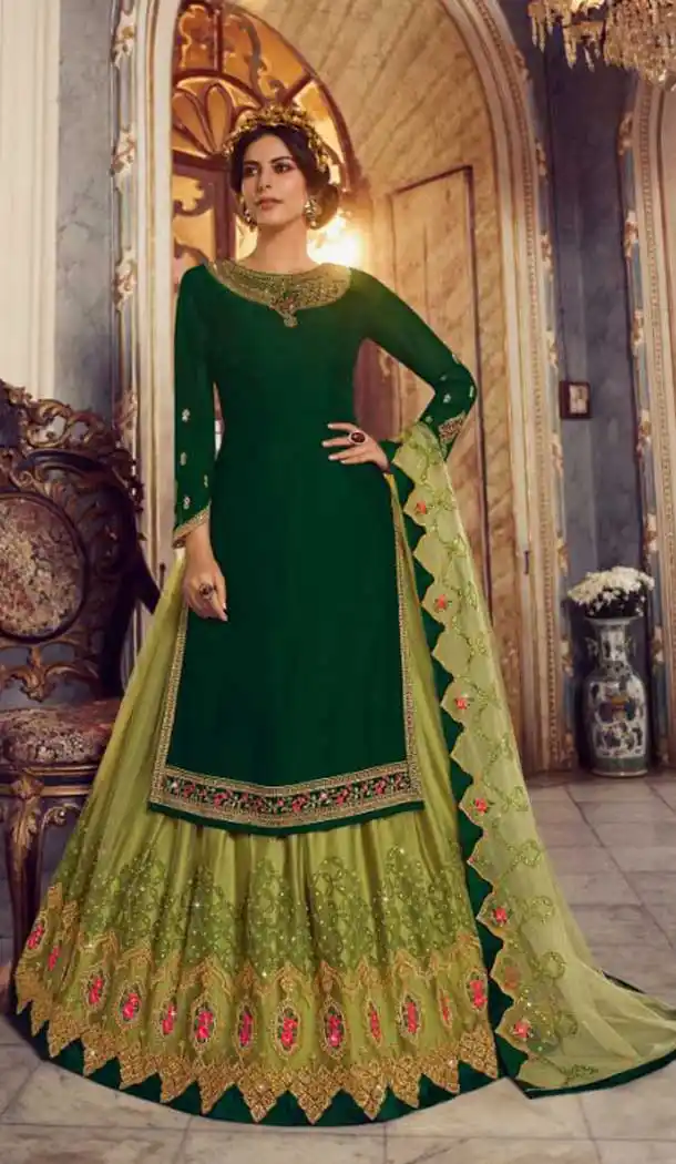 Emerald Green Color Georgette Designer Party Wear Lehenga Style Suit- 3109144569
