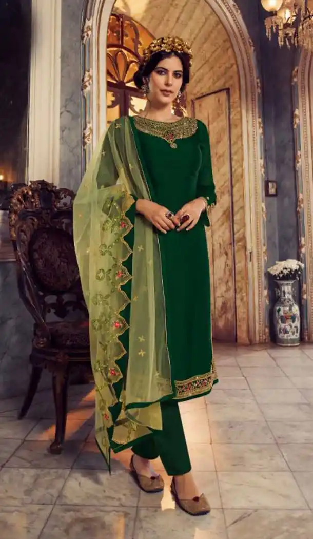 Emerald Green Color Georgette Designer Party Wear Lehenga Style Suit- 3109144569